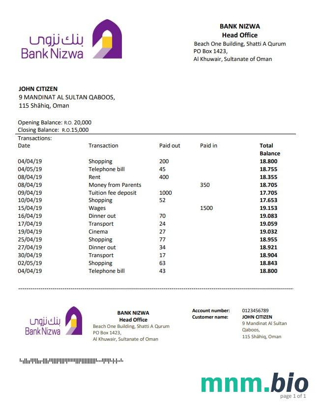 Oman Bank Muscat wyciąg z konta Word i szablon PDF, 2 strony